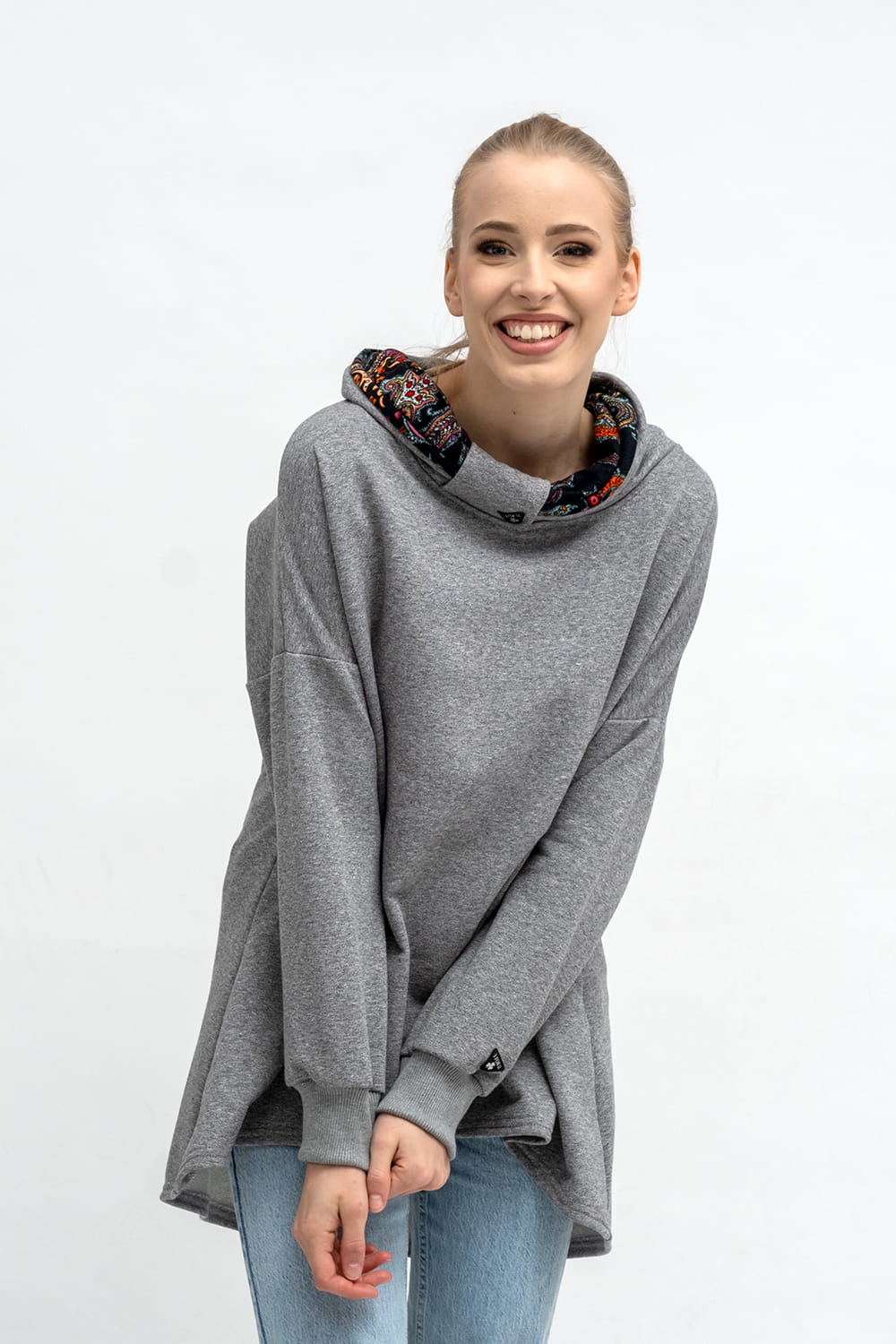 BLUZA ASYMETRYCZNA ,,RAVEL'' SZARA+WZÓR KOLOR JESIENI