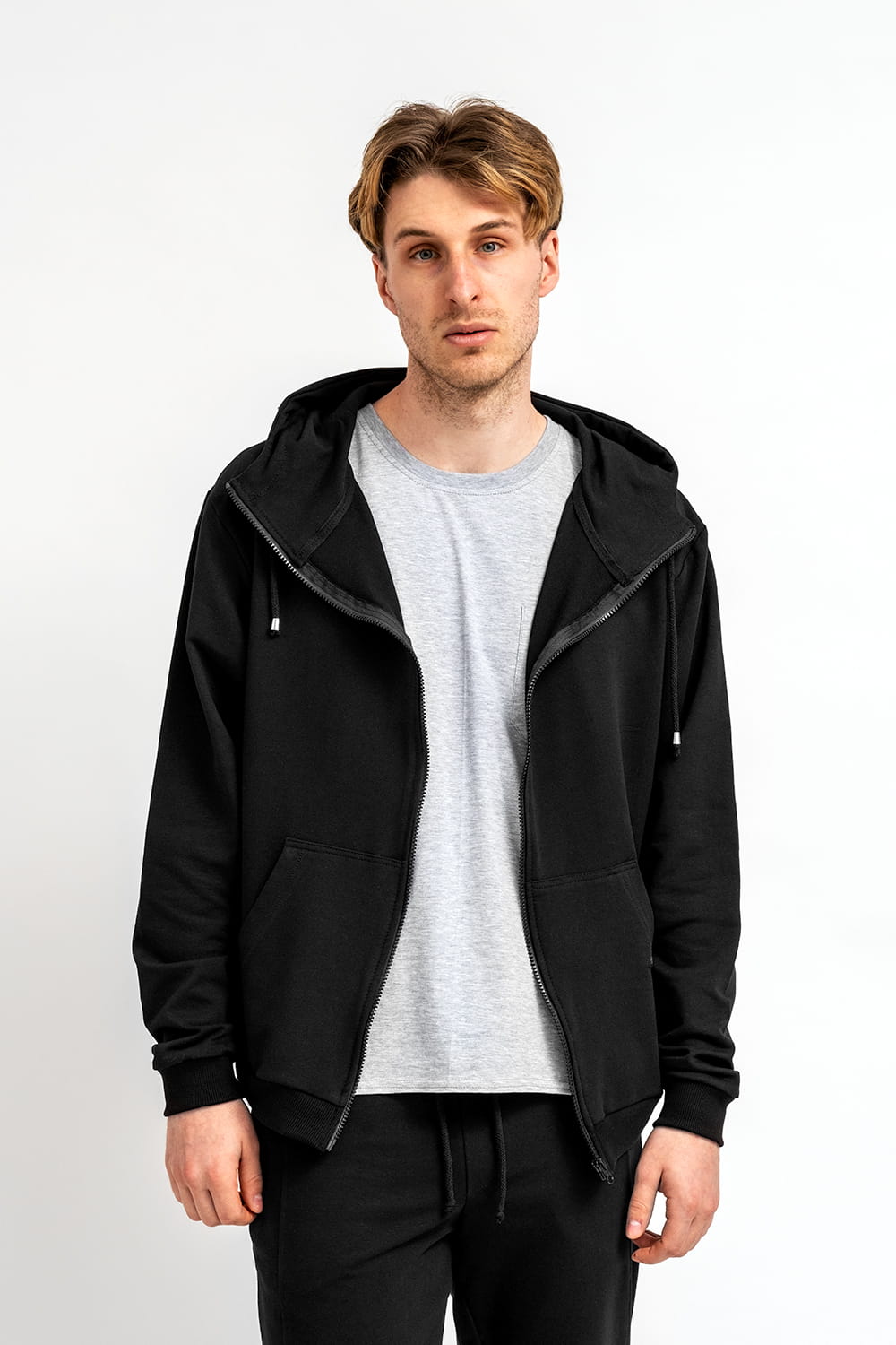 BLUZA Z KAPTUREM NA ZAMEK MĘSKA "OWEN" CZARNA
