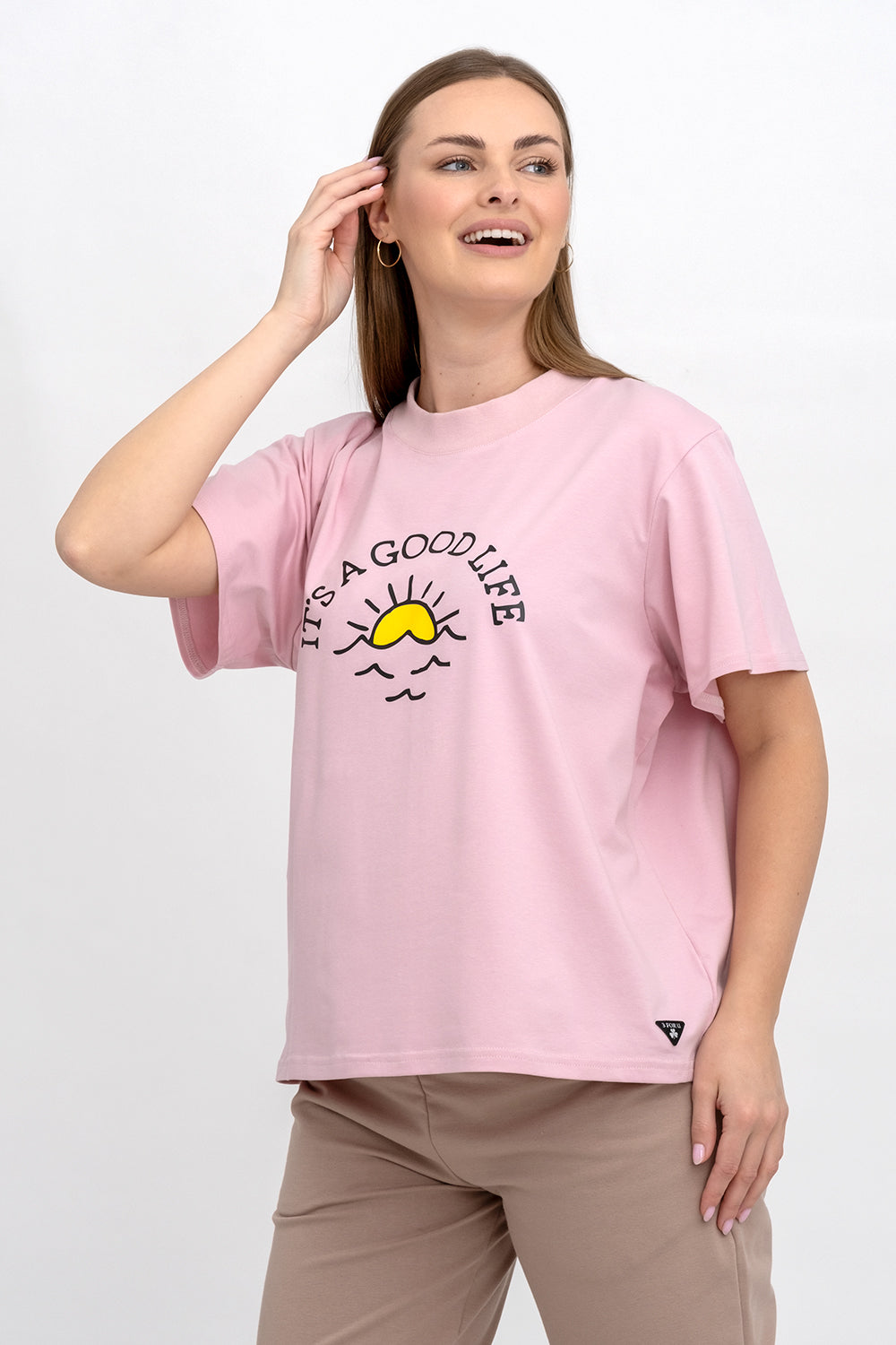 T-SHIRT DAMSKI Z NADRUKIEM ,, IT`S A GOOD LIFE" RÓŻ