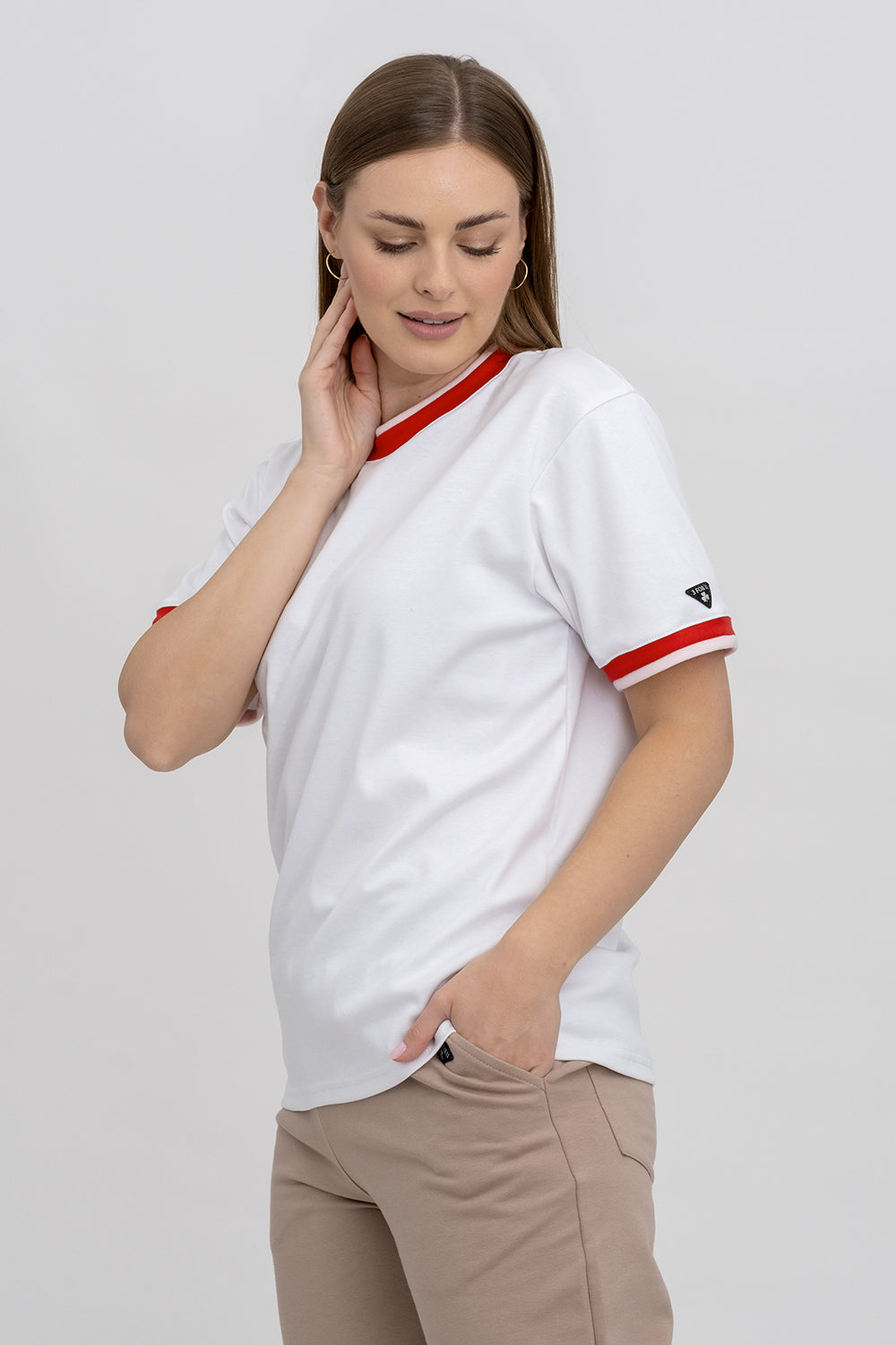 T-SHIRT DAMSKI BASIC BIAŁY/ ŚCIĄGACZ(RÓŻOWO / CZERWONY)