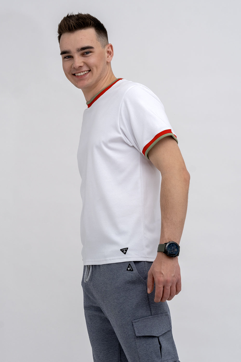 T SHIRT MĘSKI BIAŁY ZE ŚCIĄGACZEM SZAŁWIA/CZERWONYM