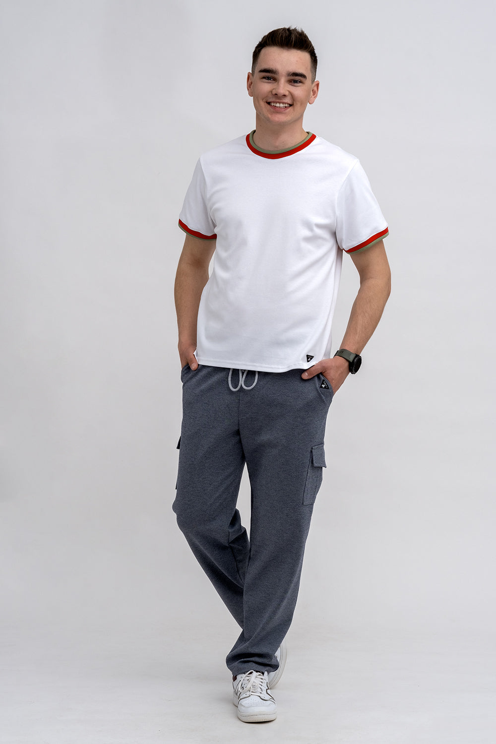 T SHIRT MĘSKI BIAŁY ZE ŚCIĄGACZEM SZAŁWIA/CZERWONYM