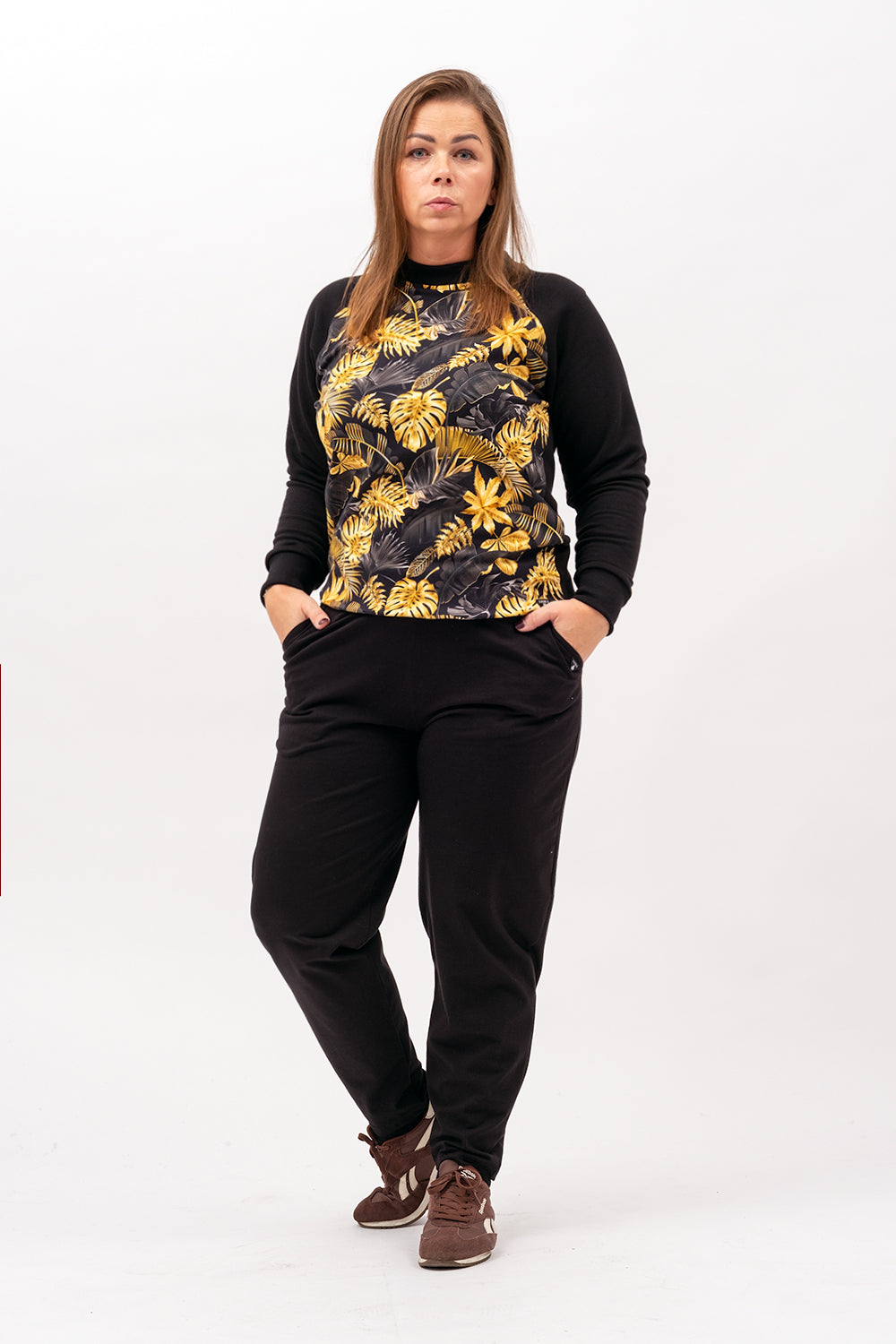 BLUZA BASIC RAGLAN ,,ZUHAL" CZARNA /W ZŁOTE LIŚCIE