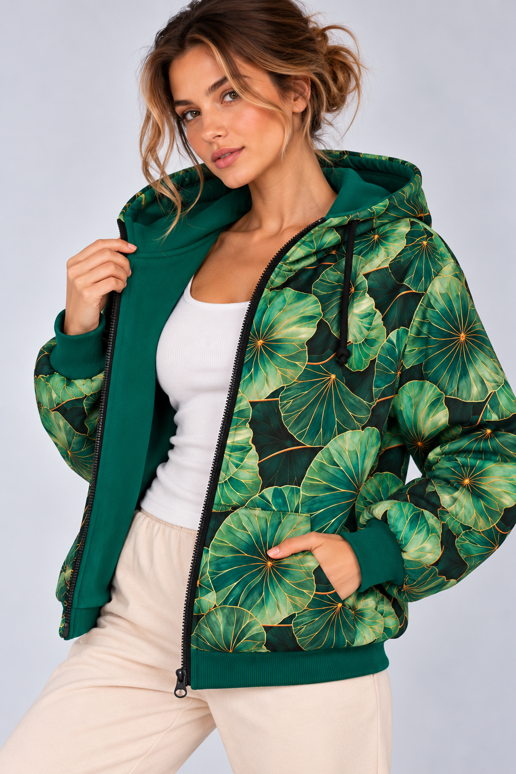 BLUZA NA ZAMEK SUZANA ZIELONE LIŚCIE
