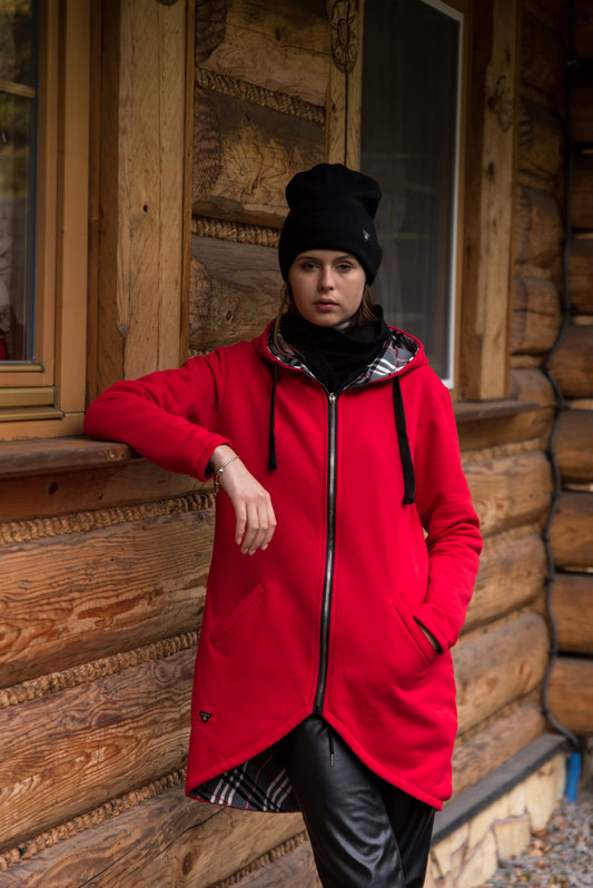 BLUZA -PŁASZCZ CZERWONA W ŚRODKU Z KRATĄ