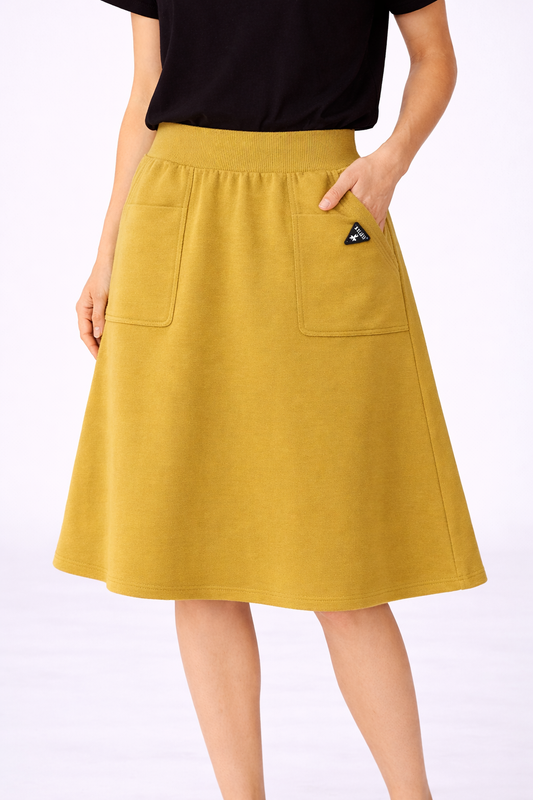 SPÓDNICA TRAPEZOWA ,,NOEL" MUSZTARDOWA OLIWKA