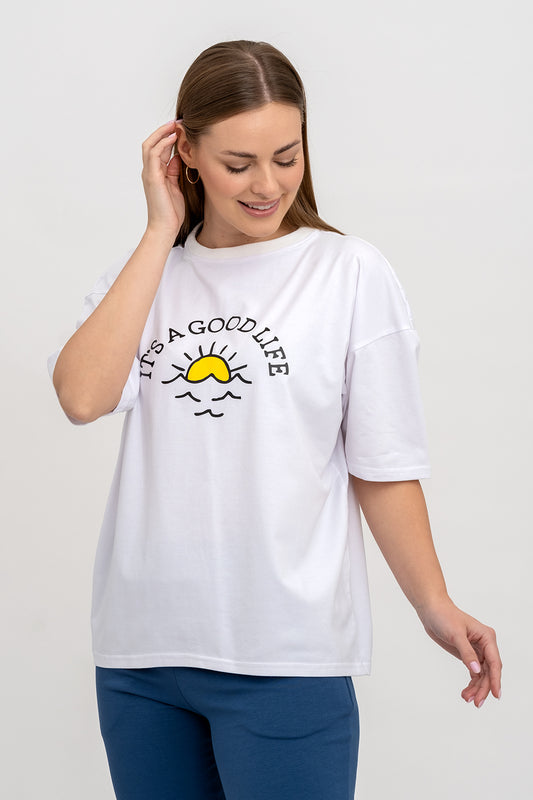 T-SHIRT DAMSKI Z NADRUKIEM  ,, IT`S A GOOD LIFE" BIAŁA