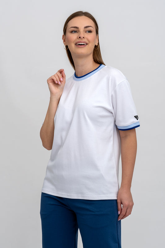 T-SHIRT DAMSKI BASIC BIAŁY/ ŚCIĄGACZ(NIEBIESKO/GRANAT)