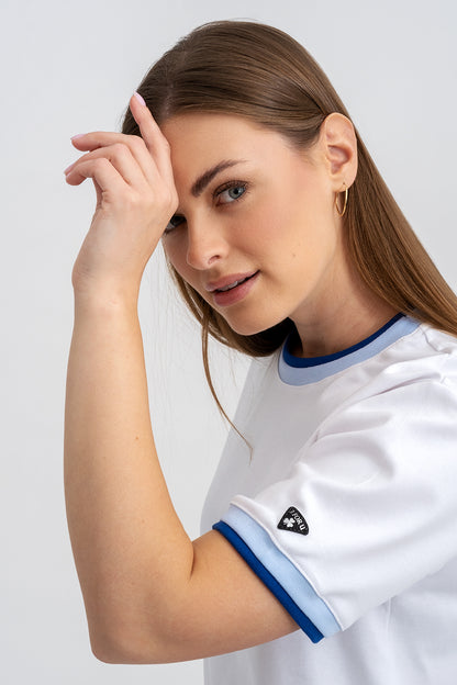 T-SHIRT DAMSKI BASIC BIAŁY/ ŚCIĄGACZ(NIEBIESKO/GRANAT)