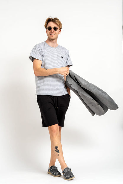 T SHIRT MĘSKI GŁADKI Z KIESZONKA "WILLIAM" SZARY W PASKI