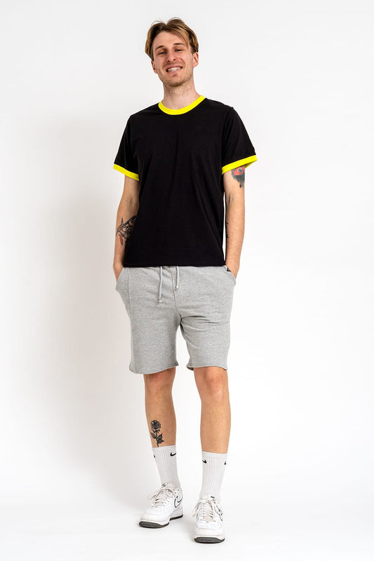 T-SHIRT MĘSKI GŁADKI Z LIMONKOWYM ŚCIĄGACZEM "BENJAMIN" CZARNY