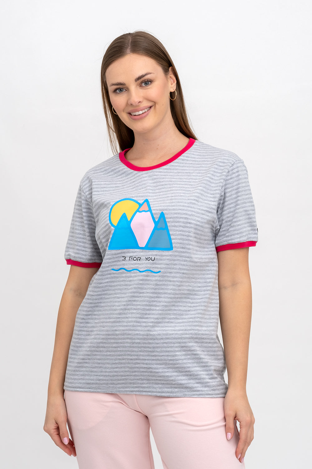 T-SHIRT DAMSKI W  SZARE PASKI Z NADRUKIEM