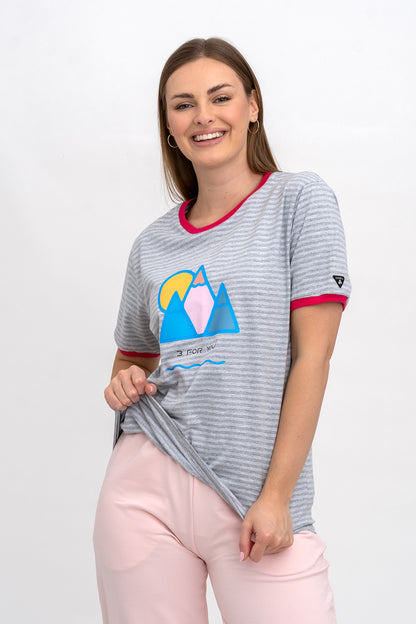 T-SHIRT DAMSKI W  SZARE PASKI Z NADRUKIEM