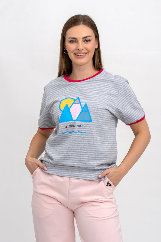 T-SHIRT DAMSKI W  SZARE PASKI Z NADRUKIEM