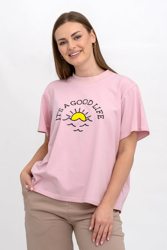 T-SHIRT DAMSKI Z NADRUKIEM  ,, IT`S A GOOD LIFE" RÓŻ