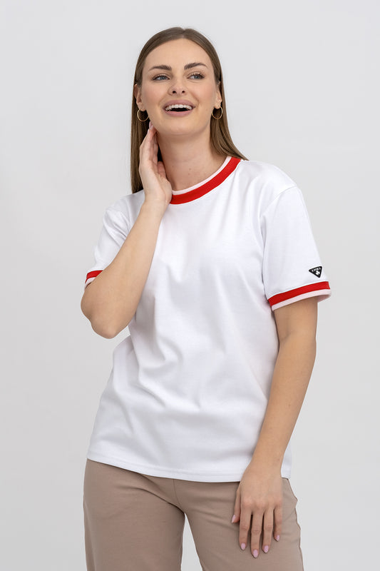 T-SHIRT DAMSKI BASIC BIAŁY/ ŚCIĄGACZ(RÓŻOWO / CZERWONY)