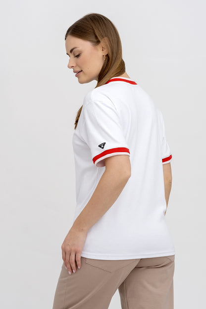 T-SHIRT DAMSKI BASIC BIAŁY/ ŚCIĄGACZ(RÓŻOWO / CZERWONY)