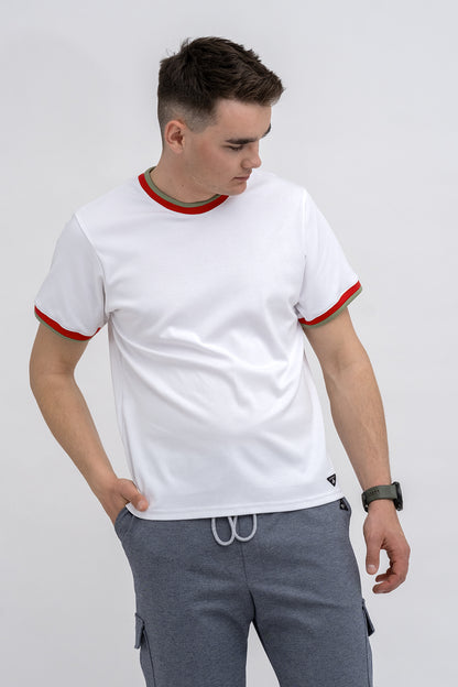 T SHIRT MĘSKI BIAŁY ZE  ŚCIĄGACZEM SZAŁWIA/CZERWONYM