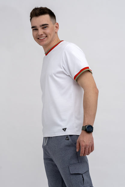 T SHIRT MĘSKI BIAŁY ZE  ŚCIĄGACZEM SZAŁWIA/CZERWONYM