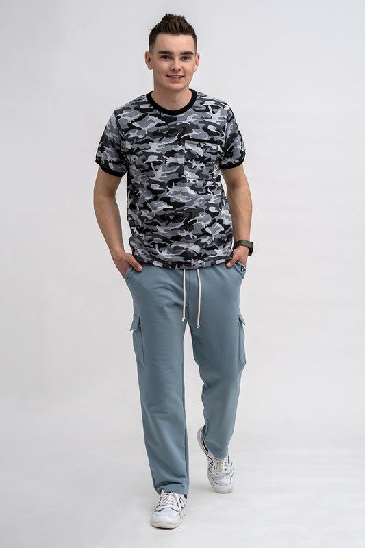 T SHIRT MĘSKI BASIC  Z KIESZONKĄ MORO (CZARNO/BIAŁY)