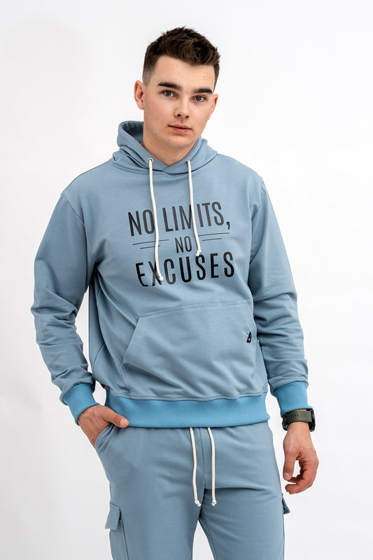 BLUZA Z KAPTUREM MĘSKA „No Limits No Excuses” NIEBIESKI