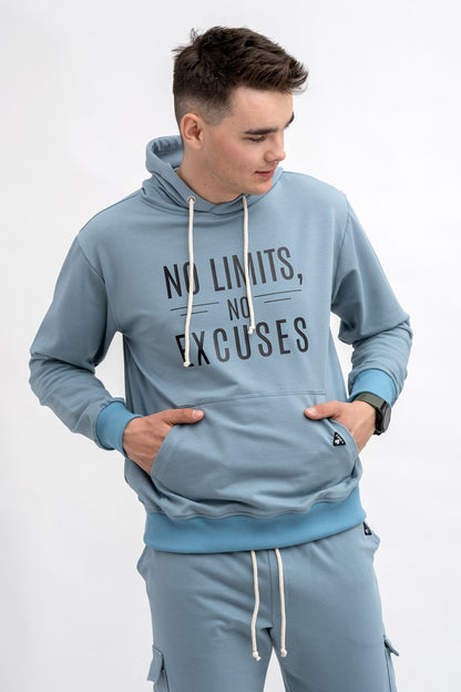 BLUZA Z KAPTUREM MĘSKA „No Limits No Excuses” NIEBIESKI