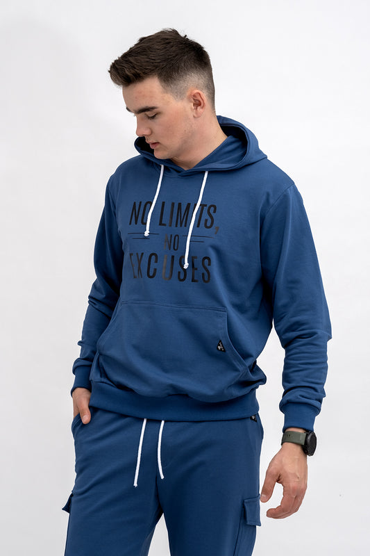 BLUZA Z KAPTUREM MĘSKA „No Limits No Excuses” DENIM