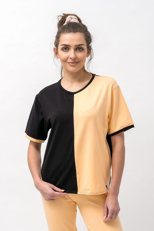 T-SHIRT DAMSKI "SABRINA" CZARNY I BRZOSKWINIA