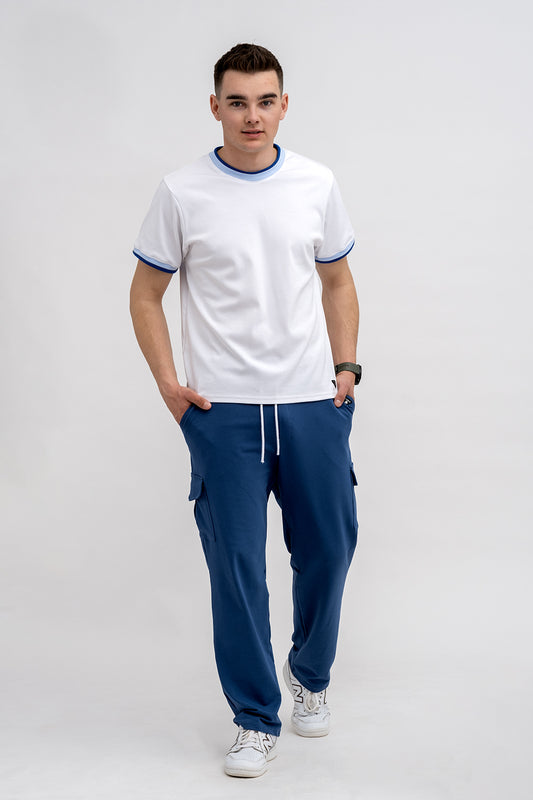 T SHIRT MĘSKI BIAŁY ZE  ŚCIĄGACZEM NIEBIESKO/GRANATOWYM