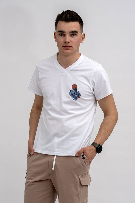 T SHIRT MĘSKI BIAŁY DO V  Z NADRUKIEM