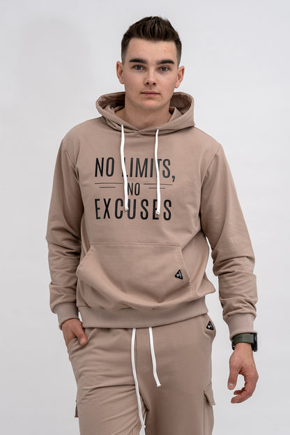BLUZA Z KAPTUREM MĘSKA „No Limits No Excuses” CAPUCINO