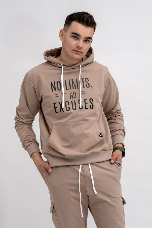 BLUZA Z KAPTUREM MĘSKA „No Limits No Excuses” CAPUCINO