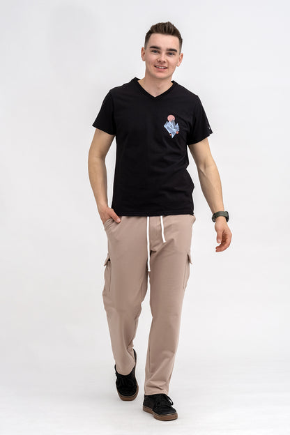 T SHIRT MĘSKI CZARNY DO V  Z NADRUKIEM