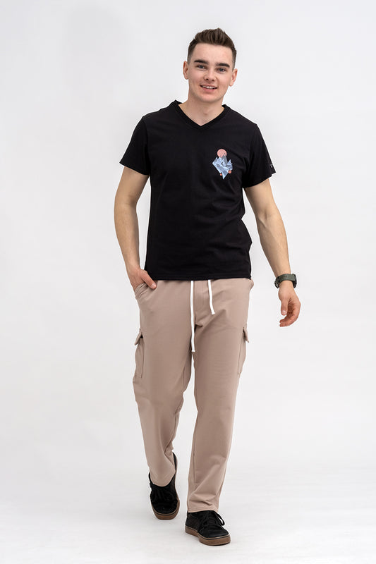 T SHIRT MĘSKI CZARNY DO V  Z NADRUKIEM