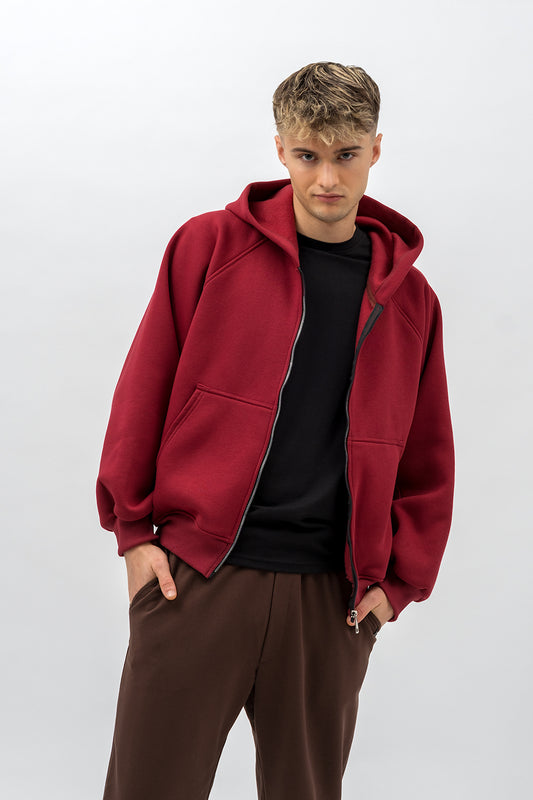 BLUZA Z KAPTUREM  NA ZAMEK CIEPŁA ,,BERET" BORDO