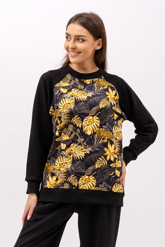 BLUZA BASIC RAGLAN ,,ZUHAL" CZARNA /W ZŁOTE LIŚCIE