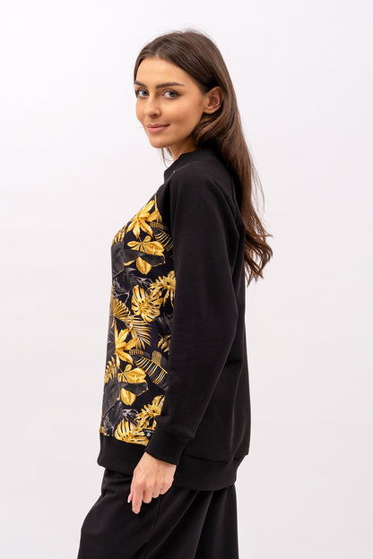 BLUZA BASIC RAGLAN ,,ZUHAL" CZARNA /W ZŁOTE LIŚCIE
