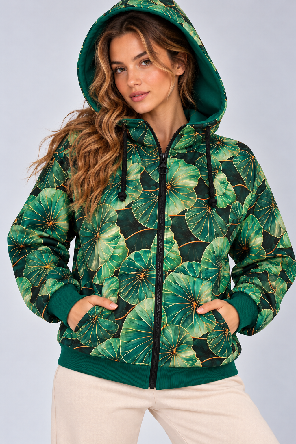BLUZA NA ZAMEK SUZANA ZIELONE LIŚCIE